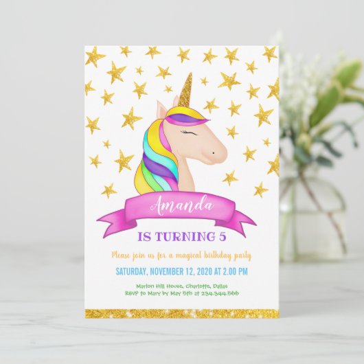 ユニコーンフェイク金ゴールドグリッタースターズ|誕生日 招待状 (スタンド正面)