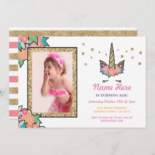 ユニコーンフォトバースデーパーティーANYエイジ金ゴールド招待状 招待状 (正面/裏面)