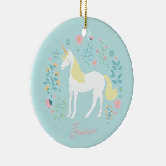 ユニコーンフラワーズピンクアクアパーソナライズされた セラミックオーナメント (右)