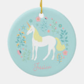 ユニコーンフラワーズピンクアクアパーソナライズされた セラミックオーナメント (裏面)