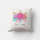 ユニコーンフラワーズ金ゴールドパーソナライズされたグリッターガーリー クッション (裏面)