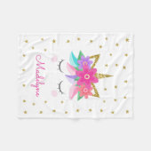 ユニコーンフラワーズ金ゴールドパーソナライズされたグリッターガーリー フリースブランケット (正面(横))