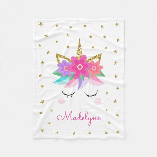 ユニコーンフラワーズ金ゴールドパーソナライズされたグリッターガーリー フリースブランケット (正面)