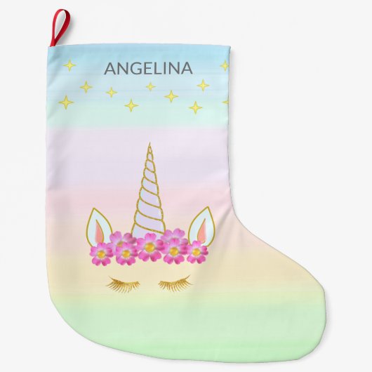 ユニコーンフラワーズ&スターズラージクリスマスストッキング ラージクリスマスストッキング (正面)