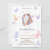 ユニコーンフラワーバタフライドット誕生日 招待状 (正面)