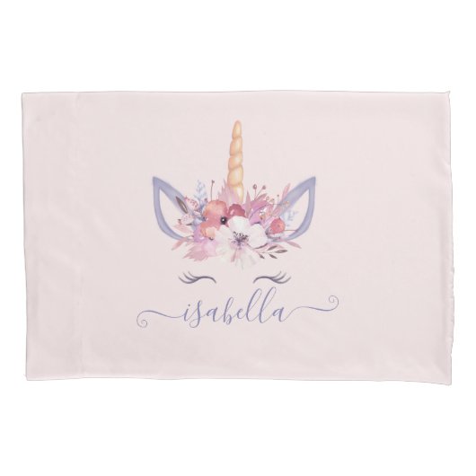 ユニコーンフローラの水色ピンクガーリークモダンかわいい 枕カバー (正面)