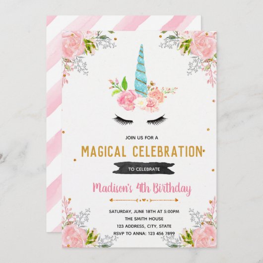 ユニコーンフローラの誕生日の招待 招待状 (正面/裏面)