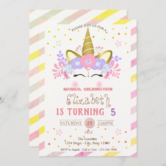 ユニコーンフローラクラウンストライプの誕生日 招待状 (正面/裏面)