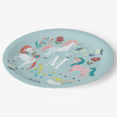 ユニコーンブルーかわいい魔法の女の子モノグラム誕生日 ペーパープレート (アングル)