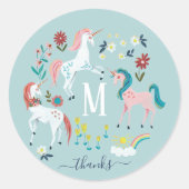 ユニコーンブルーかわいい魔法の女の子モノグラム誕生日 ラウンドシール (正面)