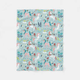 ユニコーンブルーレインボーガールズオールオーバープリント フリースブランケット