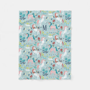 ユニコーンブルーレインボーガールズオールオーバープリント フリースブランケット