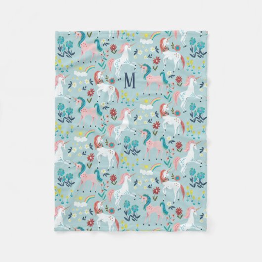 ユニコーンブルーレインボーガールズオールオーバープリント フリースブランケット (正面)