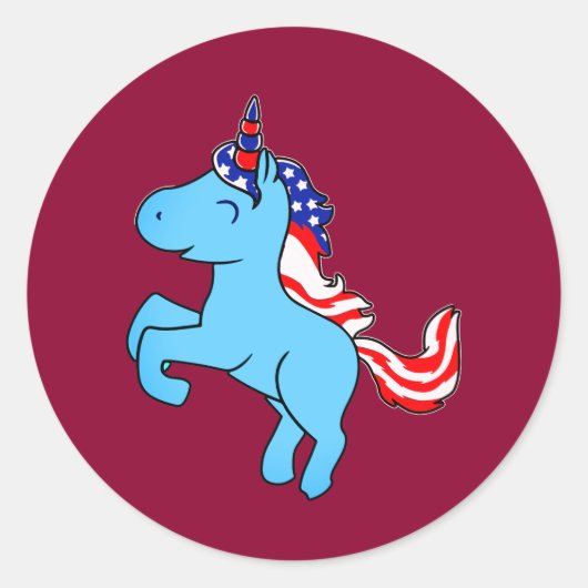 ユニコーンブルー愛国的なアメリカ国旗の漫画 ラウンドシール (正面)