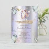 ユニコーンブルー蝶バイオレットメタリック誕生日 招待状 (スタンド正面)