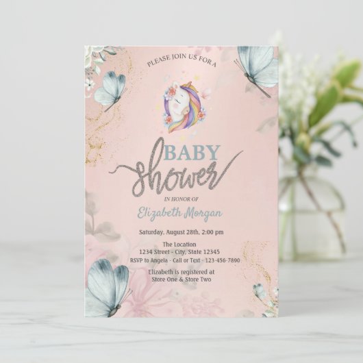 ユニコーンブルー蝶ベビーシャワー 招待状 (スタンド正面)