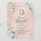 ユニコーンブルー蝶ベビーシャワー 招待状 (正面/裏面)