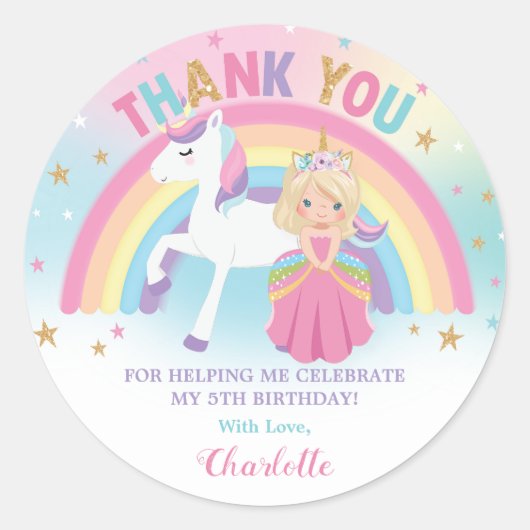 ユニコーンブロンドプリンセス誕生日サンキュービター ラウンドシール (正面)