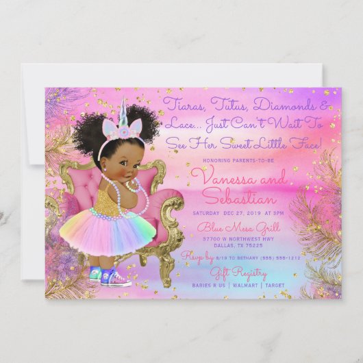 ユニコーンプリンセスアフリカンアメリカングリッター宝石 招待状 (正面)
