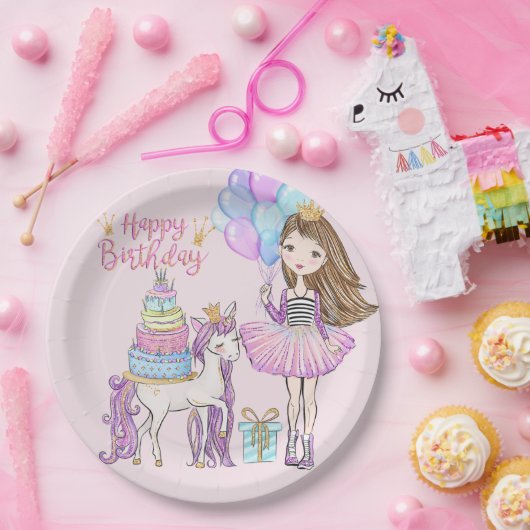 ユニコーンプリンセスクールブルネットガール誕生日 ペーパープレート (パーティー)