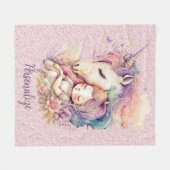 ユニコーンプリンセススリープインフラワーピンクグリッター フリースブランケット (正面(横))