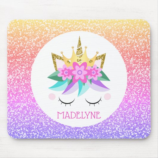 ユニコーンプリンセスレインボーグリッターパーソナライズされた名 マウスパッド (正面)
