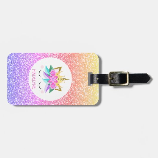 ユニコーンプリンセスレインボーグリッターパーソナライズされた名 ラゲッジタグ (正面横)