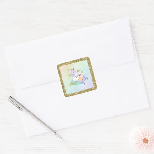 ユニコーンプリンセス虹色レインボーパステルパーティー スクエアシール (封筒)