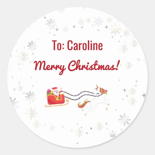 ユニコーンプルサンタのそり名メリークリスマス ラウンドシール (正面)