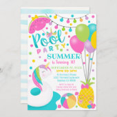 ユニコーンプールパーティの招待状ガールプール誕生日 招待状 (正面/裏面)