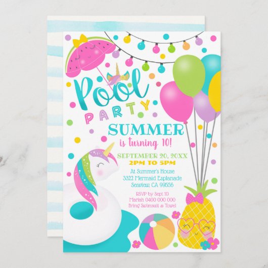 ユニコーンプールパーティの招待状ガールプール誕生日 招待状 (正面/裏面)