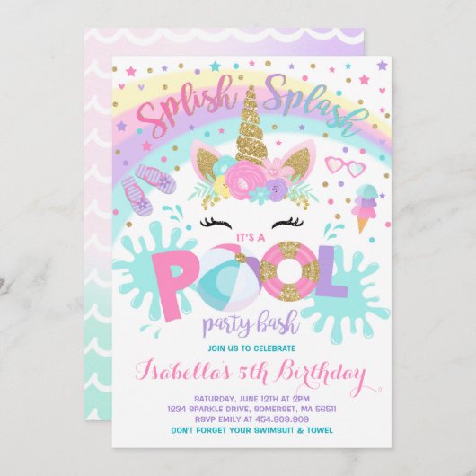 ユニコーンプールパーティの招待状プール誕生パーティー 招待状 (正面/裏面)