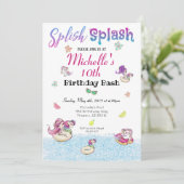 ユニコーンプールパーティーグリッターガールサマー誕生日 招待状 (スタンド正面)