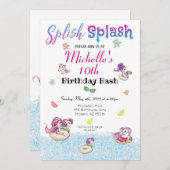ユニコーンプールパーティーグリッターガールサマー誕生日 招待状 (正面/裏面)