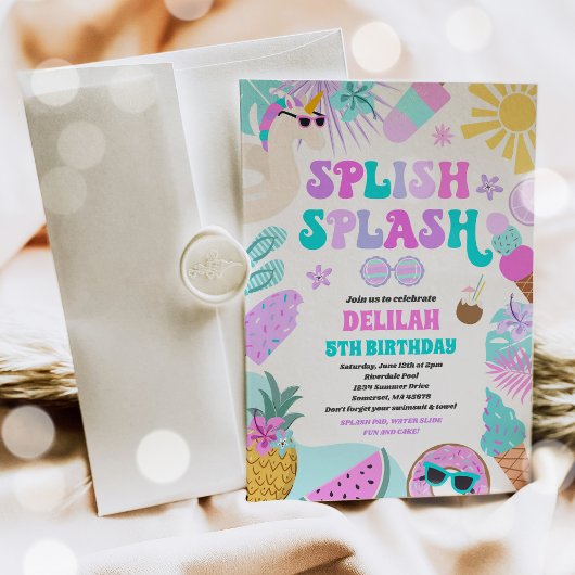 ユニコーンプールパーティートロピカルサマープール誕生日 招待状