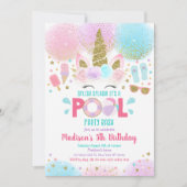 ユニコーンプールパーティーピンク金ゴールド誕生日招待状 招待状 (正面)