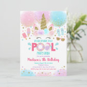 ユニコーンプールパーティーピンク金ゴールド誕生日招待状 招待状 (スタンド正面)