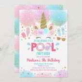 ユニコーンプールパーティーピンク金ゴールド誕生日招待状 招待状 (正面/裏面)