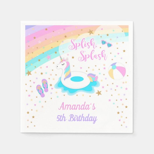 ユニコーンプールパーティーペーパーナプキンピンク&金ゴールド スタンダードカクテルナプキン (正面)