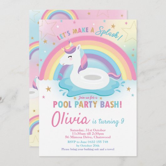 ユニコーンプールパーティー誕生日招待状女子 招待状 (正面/裏面)
