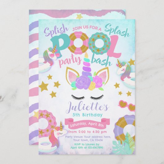 ユニコーンプールパーティー 招待状 (正面/裏面)