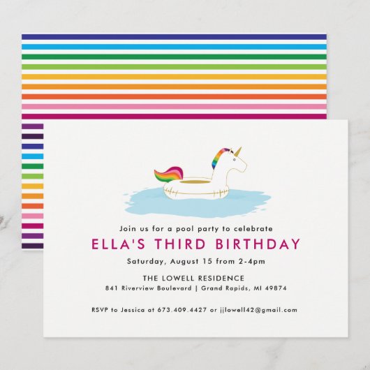 ユニコーンプールフロートパーティー招待状 招待状 (正面/裏面)