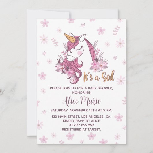 ユニコーンベイビーシャワーガールピンクフローラ招待状 招待状 (正面)