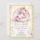 ユニコーンベイビーシャワーガールピンク&金ゴールド妖精 招待状 (正面)