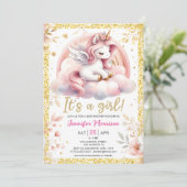 ユニコーンベイビーシャワーガールピンク&金ゴールド妖精 招待状 (スタンド正面)