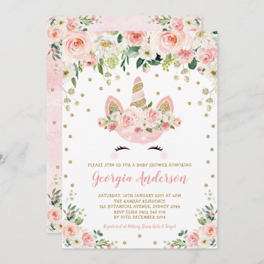 ユニコーンベガーリービーシャワー赤面ピーチ金ゴールドフローラ 招待状 (正面/裏面)