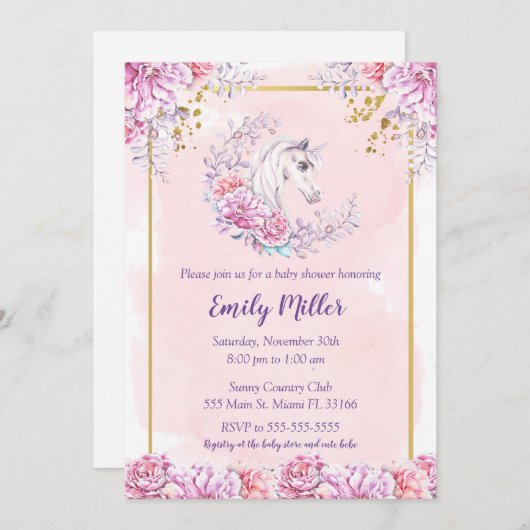 ユニコーンベビーシャワーの招待の水彩色 招待状 (正面/裏面)