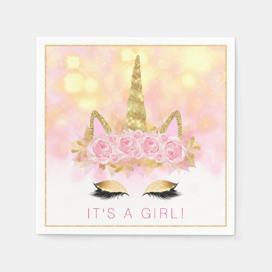 ユニコーンベビーシャワーナプキンズピンク金ゴールドユニコーン顔 スタンダードカクテルナプキン (正面)