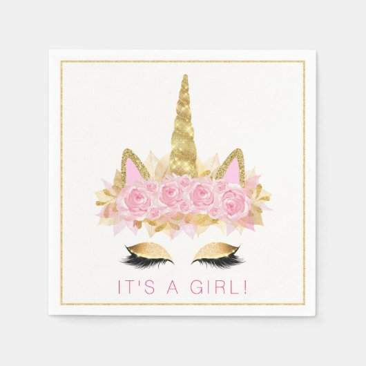 ユニコーンベビーシャワーピンク金ゴールドユニコーン顔ナプキンス スタンダードカクテルナプキン (正面)