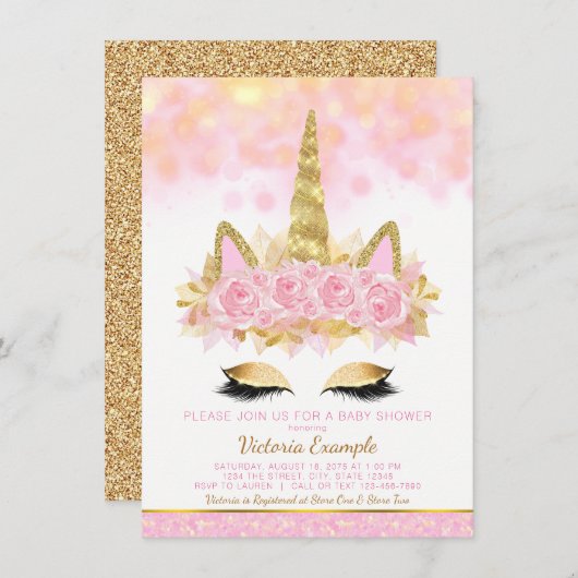 ユニコーンベビーシャワーピンク金ゴールドユニコーン顔 招待状 (正面/裏面)
